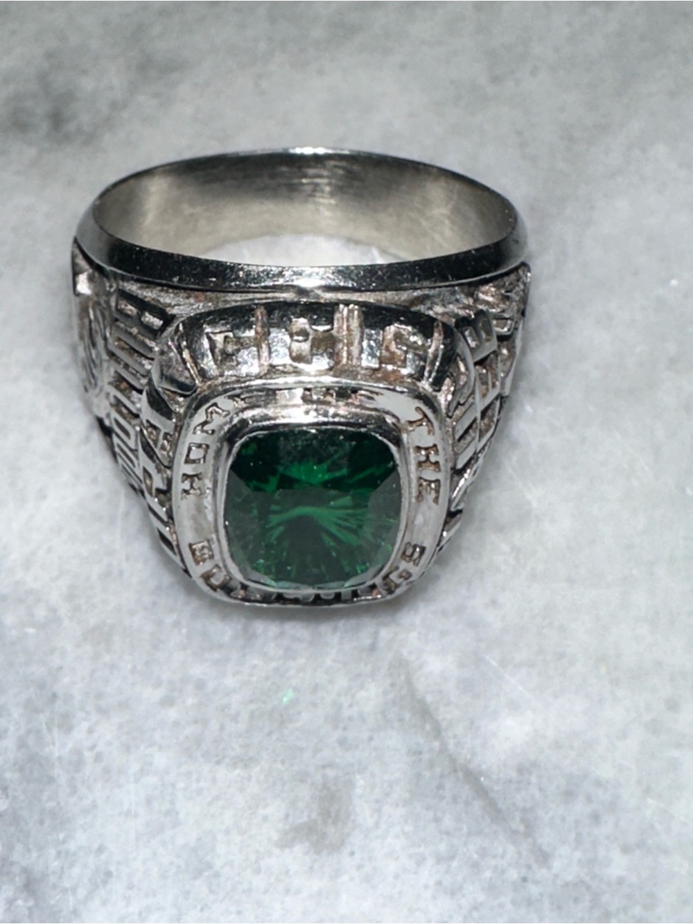 Men's Silver-Tone Ring with Emerald Green Center Stone